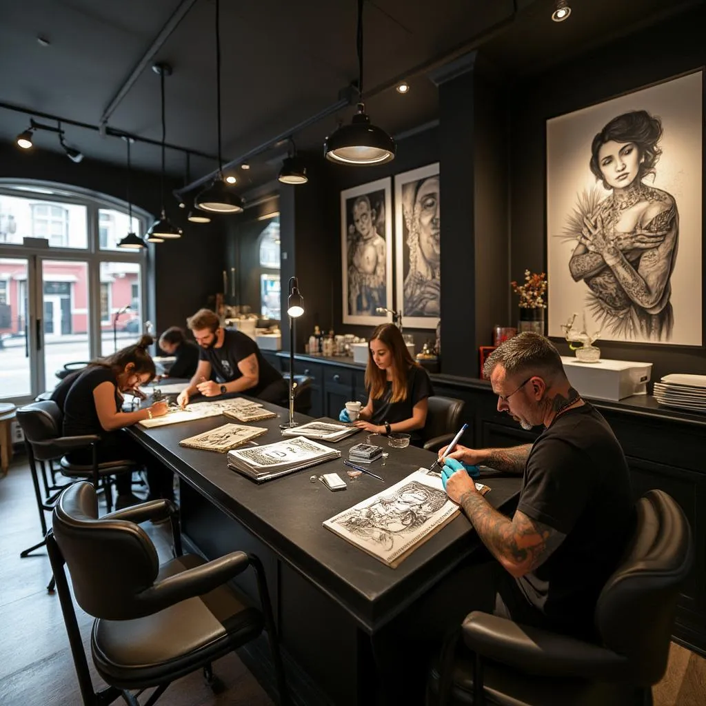 Interno dello studio TattoArt con artisti al lavoro